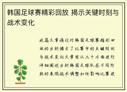 韩国足球赛精彩回放 揭示关键时刻与战术变化