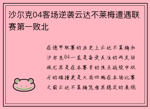 沙尔克04客场逆袭云达不莱梅遭遇联赛第一败北