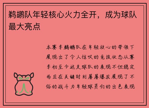 鹈鹕队年轻核心火力全开，成为球队最大亮点