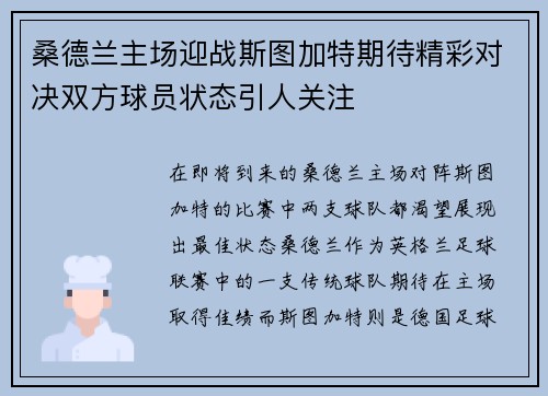 桑德兰主场迎战斯图加特期待精彩对决双方球员状态引人关注