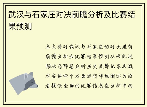 武汉与石家庄对决前瞻分析及比赛结果预测