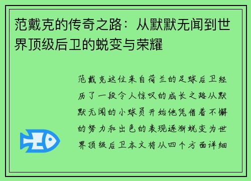 范戴克的传奇之路：从默默无闻到世界顶级后卫的蜕变与荣耀