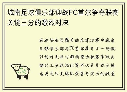 城南足球俱乐部迎战FC首尔争夺联赛关键三分的激烈对决