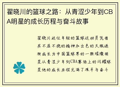 翟晓川的篮球之路：从青涩少年到CBA明星的成长历程与奋斗故事