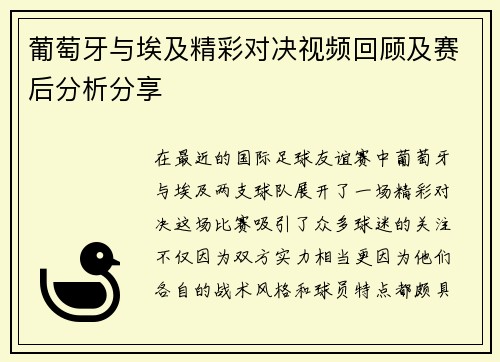 葡萄牙与埃及精彩对决视频回顾及赛后分析分享