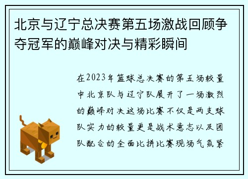 北京与辽宁总决赛第五场激战回顾争夺冠军的巅峰对决与精彩瞬间