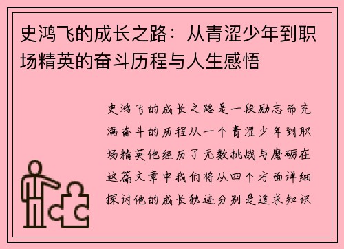 史鸿飞的成长之路：从青涩少年到职场精英的奋斗历程与人生感悟
