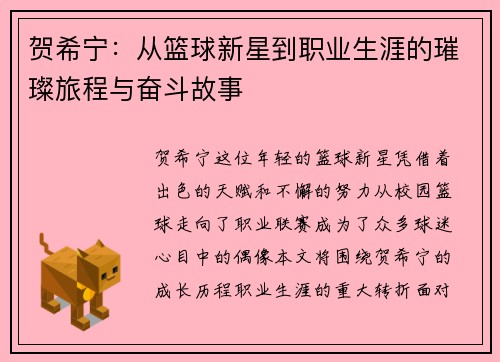 贺希宁：从篮球新星到职业生涯的璀璨旅程与奋斗故事