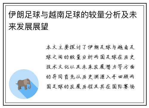 伊朗足球与越南足球的较量分析及未来发展展望
