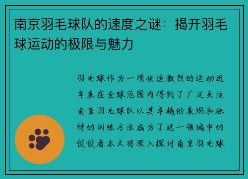 南京羽毛球队的速度之谜：揭开羽毛球运动的极限与魅力