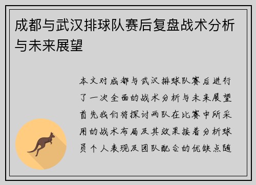成都与武汉排球队赛后复盘战术分析与未来展望