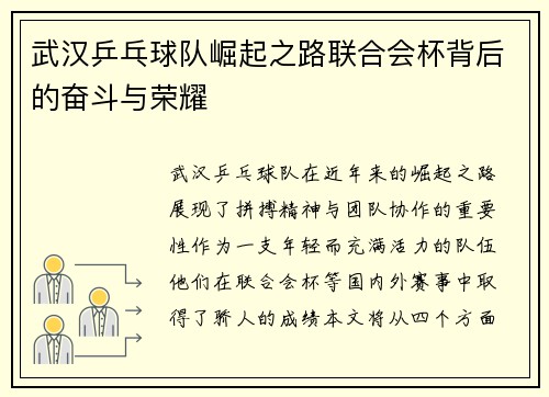 武汉乒乓球队崛起之路联合会杯背后的奋斗与荣耀