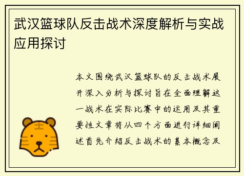 武汉篮球队反击战术深度解析与实战应用探讨